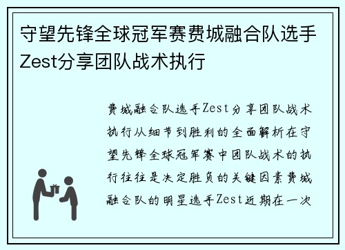 守望先锋全球冠军赛费城融合队选手Zest分享团队战术执行