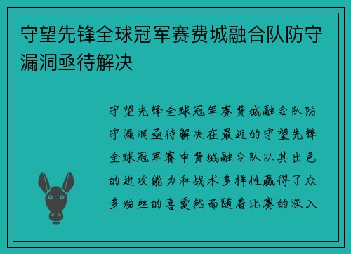 守望先锋全球冠军赛费城融合队防守漏洞亟待解决