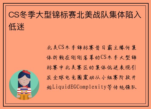 CS冬季大型锦标赛北美战队集体陷入低迷